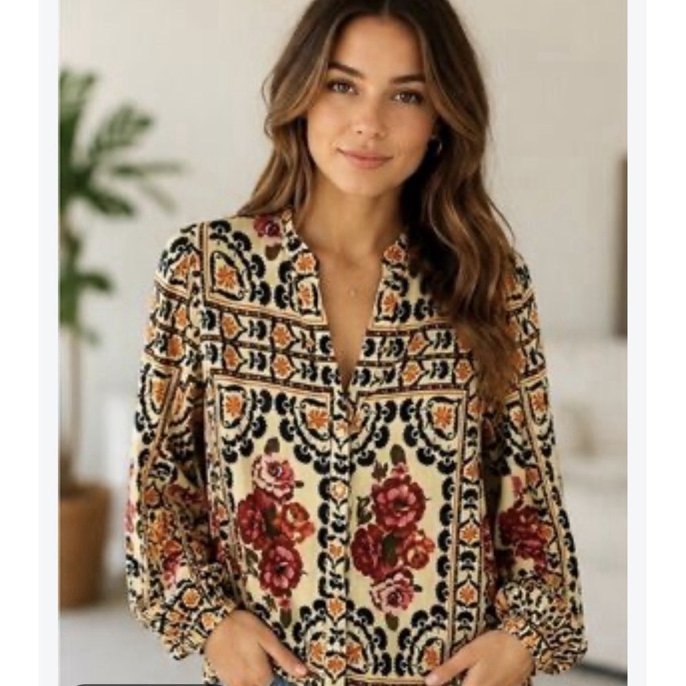 Anthropologie A Loves A Sz M Sheer Peasant Floral Boho Blouse Babydoll Ruffle